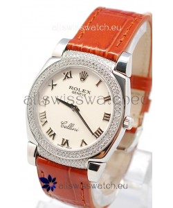 Rolex Cellini Cestello Ladies Swiss Watch Roman White Face Diamonds Bezel and Lugs