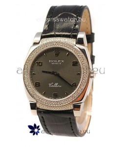 Rolex Cellini Cestello Ladies Swiss Watch in Matte Black Face Diamonds Bezel and Lugs