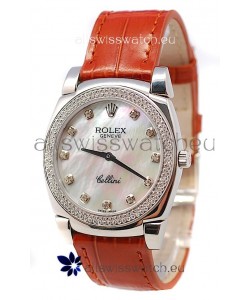 Rolex Cellini Cestello Ladies Swiss Watch in White Pearl Face Diamonds Bezel and Hours Markers