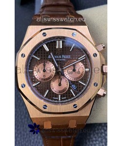 Audemars Piguet Royal Oak Chronograph Rose Gold Brown Dial Leather Strap Swiss Replica Watch