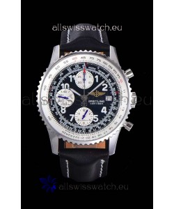 Breitling Navitimer Chronograph 41MM Swiss Replica Watch in 904L Steel Casing - Black Leather Strap