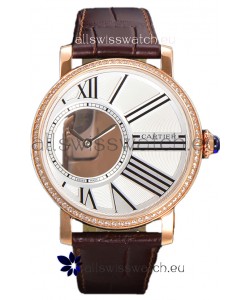 Rotonde De Cartier in Rose Gold Casing - Leather Strap Swiss Quartz Replica Watch 