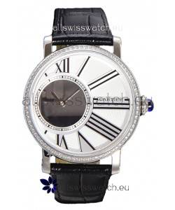 Rotonde De Cartier in Stainless Steel Casing - Leather Strap Swiss Quartz Replica Watch 