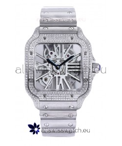 Santos De Cartier Watch in Skeleton Dial - Diamonds Bezel in Steel Casing & Strap Swiss Replica
