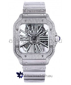 Santos De Cartier Watch in Skeleton Dial - Diamonds Bezel in Steel Casing Swiss Replica