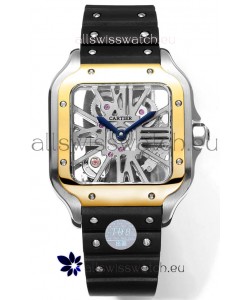 Santos De Cartier Watch in Skeleton Dial - Two Tone Bezel in Rubber Strap 