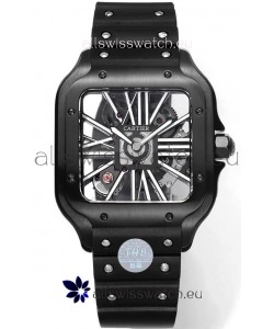 Santos De Cartier Watch in Skeleton Dial - DLC Coated Casing & Bezel in Rubber Strap