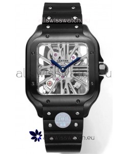 Santos De Cartier Watch in Skeleton Dial - DLC Coated Casing in Rubber Strap