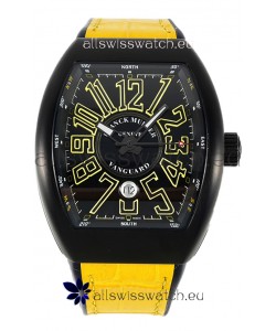 Franck Muller Vanguard in DLC Coated Casing Black Dial Swiss Replica Yellow Strap 