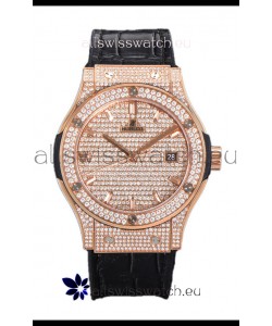 Hublot Classic Fusion Automatic Rose Gold Diamonds Paved Dial Grey Strap 42MM Superclone Replica Watch 