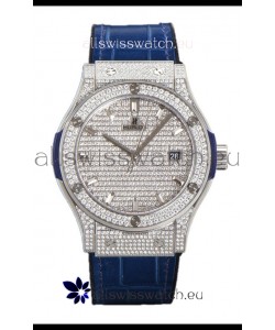 Hublot Classic Fusion Automatic Steel Diamonds Paved Dial Blue Strap 42MM Superclone Replica Watch 
