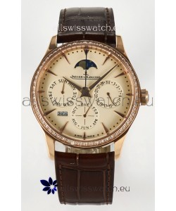 Jaeger LeCoultre Super Clone Master Ultra-Thin Perpetual Calendar Cream Dial Diamonds Bezel Watch