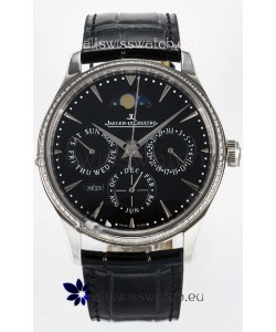 Jaeger LeCoultre Super Clone Master Ultra-Thin Perpetual Calendar Black Dial Diamonds Watch