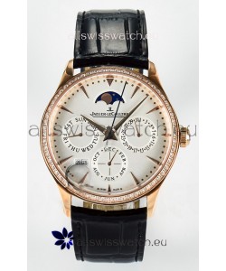 Jaeger LeCoultre Super Clone Master Ultra-Thin Perpetual Calendar White Dial Diamonds Bezel Watch