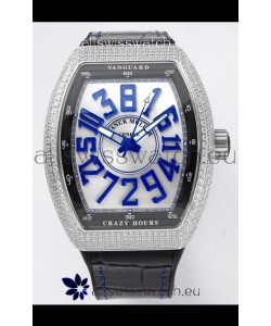 Franck Muller Vanguard Crazy Hours in Stainless Steel Diamonds - White Dial Swiss Replica Watch 