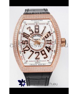 Franck Muller Vanguard Crazy Hours Rose Gold Diamonds - White Dial Swiss Replica Watch 