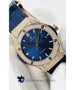 Hublot Classic Fusion Diamonds Rose Gold Steel Blue Dial Swiss Replica Watch 1:1 Mirror Quality 