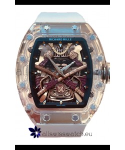 Richard Mille RM047 Samurai Genuine Tourbillon Watch White Strap in Sapphires Casing