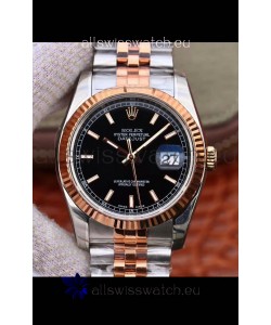 Rolex Datejust 36MM Cal.3135 Movement Swiss Replica Watch in 904L Steel Two Tone Casing Black Dial