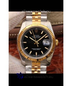 Rolex Datejust 36MM Cal.3135 Movement Swiss Replica Watch in 904L Steel Two Tone Casing Black Dial