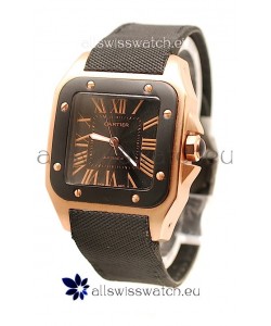 Cartier Santos 100 Swiss Replica Pink Gold Watch in Black Dial