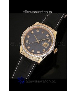 Rolex DateJust Japanese Mens Replica Yellow Gold Watch in Black Mother of Pearl Dial