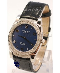 Rolex Cellini Cestello Ladies Swiss Watch in Dark Blue Face Diamonds Bezel and Lugs