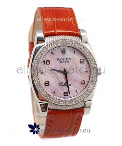 Rolex Cellini Cestello Ladies Swiss Watch Pink Pearl Face Diamonds Bezel and Lugs