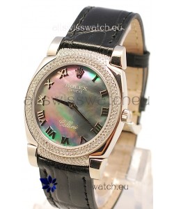 Rolex Cellini Cestello Ladies Swiss Watch in Black Pearl Face Diamonds Bezel and Lugs