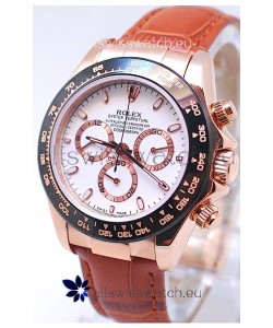 Rolex Daytona MonoBloc Cerachrom Bezel Swiss Replica Rose Gold Plated Watch in Brown Strap