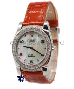 Rolex Cellini Cestello Ladies Swiss Watch Beige Pearl Face Diamonds Bezel and Lugs