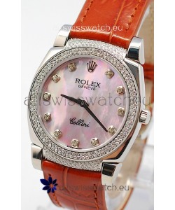 Rolex Cellini Cestello Ladies Swiss Watch in Pink Pearl Face Diamonds Hour, Bezel and Lugs