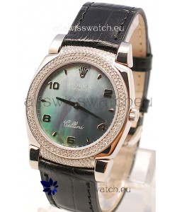 Rolex Cellini Cestello Ladies Swiss Watch in Black Pearl Face Diamonds Bezel and Lugs