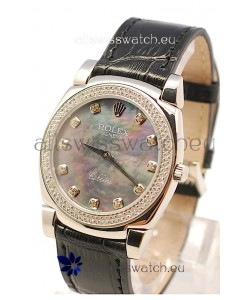 Rolex Cellini Cestello Ladies Swiss Watch in Black Pearl Face Diamonds Markers