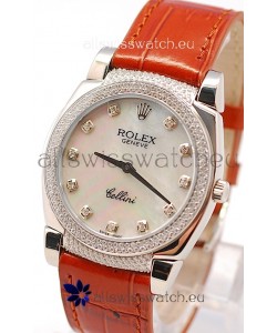 Rolex Cellini Cestello Ladies Swiss Watch in White Pearl Face Diamonds Hour, Bezel and Lugs