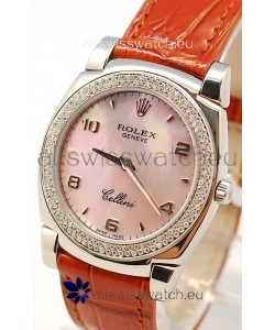 Rolex Cellini Cestello Ladies Swiss Watch in Pink Pearl Face Diamonds Bezel