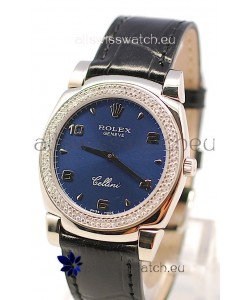 Rolex Cellini Cestello Ladies Swiss Watch in Dark Blue Face Diamonds Bezel 