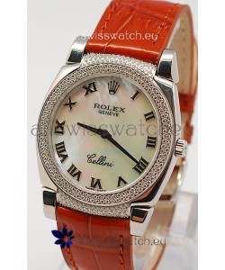 Rolex Cellini Cestello Ladies Swiss Watch in White Pearl Face Diamonds Bezel and Lugs