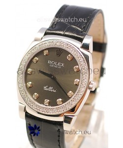 Rolex Cellini Cestello Ladies Swiss Watch in Matte Black Face and Diamond Markers