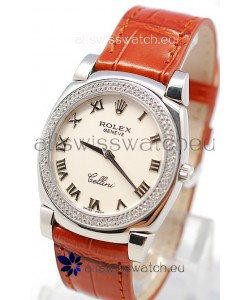 Rolex Cellini Cestello Ladies Swiss Watch White Roman Face Diamonds Bezel