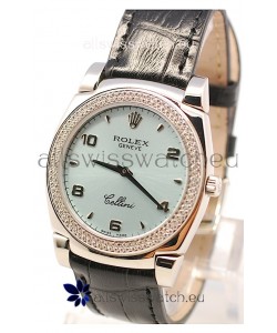 Rolex Cellini Cestello Ladies Swiss Watch in Blue Face Black Leather Strap Diamonds Bezel 