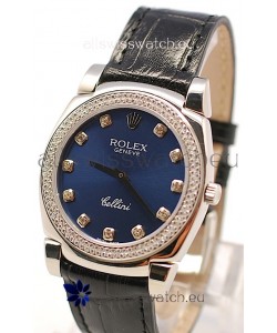 Rolex Cellini Cestello Ladies Swiss Watch in Dark Blue Face and Diamond Bezel